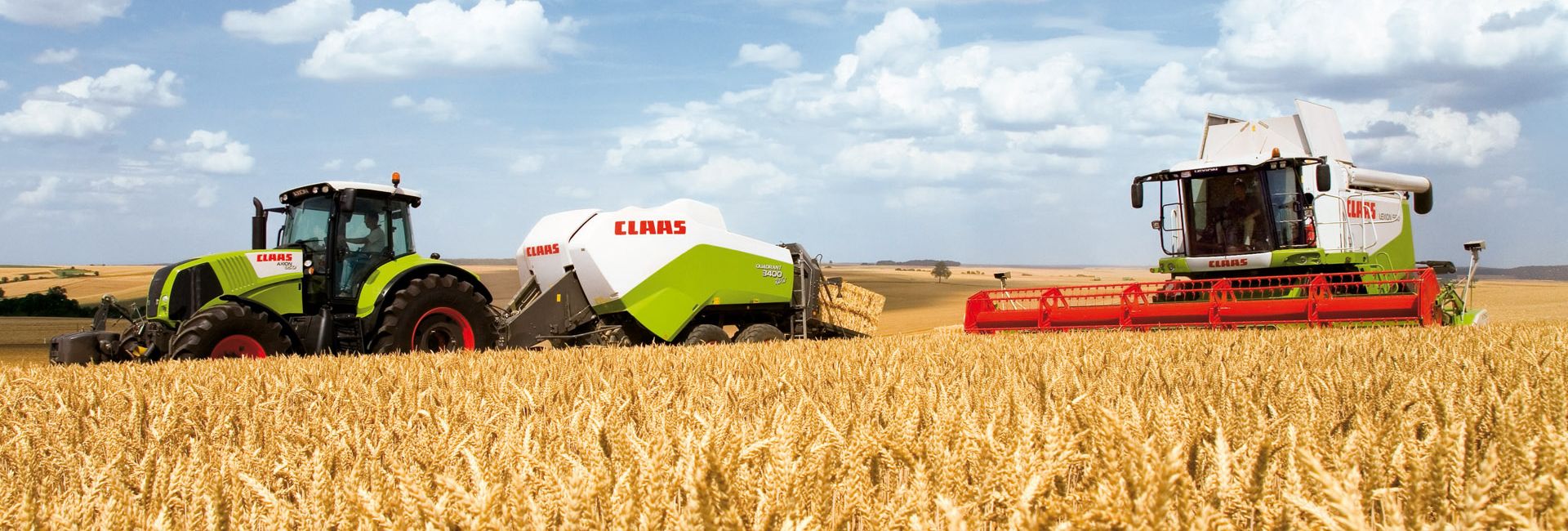 Трактор CLAAS Axion 850, Прессподборщик CLAAS Quadrant 3400, Комбайн CLAAS Lexion